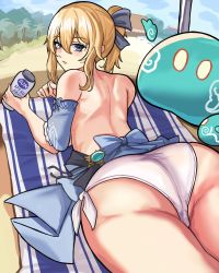 Rule 34 | 1girl, 1other, absurdres, alternate costume, ass, bare shoulders, beach, blonde hair, blue eyes, blush, bow, breasts, cameltoe, detached sleeves, from behind, genshin impact, hair bow, highres, huge ass, jean (genshin impact), looking at viewer, looking back, loooyd, lying, monster, on stomach, open mouth, shiny clothes, shiny skin, short hair, short shorts, shorts, slime