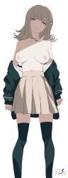 Rule 34 | 1girl, artist name, bare shoulders, beige hair, black footwear, black thighhighs, breasts, brown skirt, coat, coat on shoulders, commentary request, danganronpa (series), danganronpa 2: goodbye despair, eyelashes, feet out of frame, female focus, full body, galaga, green coat, green jacket, hair ornament, highres, jacket, jacket on shoulders, legs, looking at viewer, medium breasts, medium hair, nanami chiaki, navel, nipples, no bra, open mouth, partially undressed, pink eyes, pleated skirt, r3dfive, shiny skin, signature, simple background, skirt, solo, stand, striped clothes, striped coat, striped jacket, teeth, thighhighs, thighs