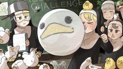 Rule 34 | &gt; &lt;, 4girls, animal, animal on head, balloon, bird, bird on head, blonde hair, blowing, blush, brown eyes, brown hair, chalkboard, cheek bulge, chicken, clenched hands, clipboard, clumsy nun (diva), commentary, cowering, diva (hyxpk), drawing, duck, duckling, english commentary, fluffy, freckles, frog, frog hat, froggy nun (diva), goggles, grey hair, habit, hair ornament, hanging plant, highres, ladle, little nuns (diva), motion blur, mouth hold, multiple girls, nervous sweating, nun, object on head, on head, ostrich, rabbit hair ornament, saucepan, scalpel, scared, shaded face, shadow, sheep nun (diva), sparkling eyes, spicy nun (diva), static electricity, stinger, sweat, sweatdrop, traditional nun, triangle mouth, wasp, yellow eyes
