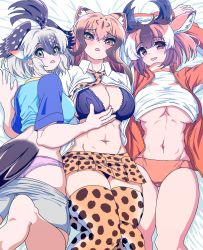 Rule 34 | 3girls, abs, animal ears, animal print, arms behind head, arms up, ass, back, bike shorts, bird tail, black bra, black hair, black panties, blouse, bra, breasts, brown eyes, brown hair, buruma, cheetah (kemono friends), cheetah ears, cheetah print, cleavage, clothes lift, clothes pull, collared shirt, extra ears, flat ass, from above, furrowed brow, greater roadrunner (kemono friends), grey hair, hair between eyes, hair tubes, hand on another&#039;s chest, highres, horizontal pupils, horns, jacket, kemono friends, kemono friends 2, large breasts, light brown hair, long hair, long sleeves, looking at viewer, lying, mamiyama, medium hair, multicolored hair, multiple girls, navel, necktie, no bra, on back, on side, open clothes, open mouth, open shirt, orange hair, panties, pink panties, print legwear, print skirt, print thighhighs, pronghorn (kemono friends), shirt, short sleeves, shorts, shorts pull, side-by-side, skirt, smile, sportswear, stomach, sweater, sweater lift, tail, thigh gap, thighhighs, toned, track jacket, underwear, white hair, wing collar, yellow eyes