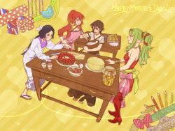 Rule 34 | 4girls, anna (fire emblem), apron, artist request, black hair, blush, bow, brown hair, cake, cooking, fire emblem, fire emblem awakening, food, gaius (fire emblem), green hair, heart, long hair, multiple girls, nintendo, pencil, pointy ears, ponytail, red eyes, red hair, robin (female) (fire emblem), robin (fire emblem), say&#039;ri (fire emblem), short hair, table, tiki (fire emblem)