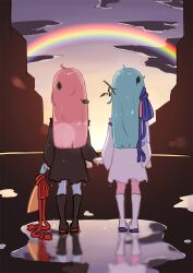 Rule 34 | 2girls, after rain, black dress, blue hair, blue ribbon, blue thighhighs, boots, clothes grab, cloud, commentary request, detached sleeves, dress, facing away, from behind, full body, gradient sky, hair ribbon, highres, holding, holding ribbon, knee boots, kotonoha akane, kotonoha aoi, leaf, leaf on head, magnumcarta, messy hair, multiple girls, outdoors, pink hair, pink thighhighs, puddle, rainbow, red ribbon, reflection, reflective water, ribbon, ripples, short dress, siblings, side-by-side, sisters, sky, sleeve grab, standing, thighhighs, twilight, voiceroid, wet, wet clothes, wet floor, wet hair, white dress