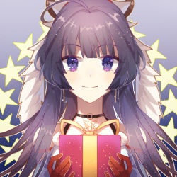 Rule 34 | 1girl, christmas, close-up, closed mouth, earrings, gift, gloves, hair between eyes, holding, holding gift, honkai (series), honkai impact 3rd, idass (idass16), jewelry, long hair, looking at viewer, portrait, purple eyes, purple hair, raiden mei, red gloves, smile, solo, star (symbol)