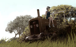 Rule 34 | 1girl, artist name, baseball cap, dead-robot, grass, hat, knees together feet apart, looking at viewer, naked overalls, original, outdoors, overall shorts, overalls, overgrown, rural, scenery, short hair, sitting, sky, smile, tractor, tree