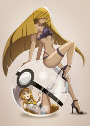 Rule 34 | 2girls, angry, blonde hair, breasts, bridal garter, creatures (company), full body, game freak, green eyes, grin, hair over one eye, hat, high heels, highres, lillie (pokemon), looking at viewer, lusamine (pokemon), lying, md5 mismatch, mother and daughter, multiple girls, nintendo, poke ball, pokemon, pokemon sm, simple background, sitting, small breasts, smile, smug, thighhighs, underwear, vivivoovoo
