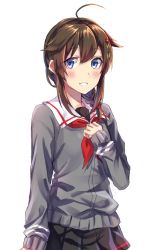 Rule 34 | 10s, 1girl, :d, ahoge, bad id, bad pixiv id, betti (maron), black skirt, blue eyes, blush, brown hair, grey sweater, hair between eyes, hair ornament, highres, kantai collection, looking at viewer, miniskirt, neckerchief, open mouth, pleated skirt, red neckerchief, shigure (kancolle), short hair with long locks, sidelocks, simple background, skirt, smile, solo, standing, sweater, white background