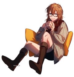 Rule 34 | 1girl, blue eyes, boots, brown footwear, brown sweater, chamae b, char (vtuber), commentary, cup, english commentary, glasses, hair between eyes, holding, holding cup, indie virtual youtuber, mug, pillow, red scarf, scarf, second-party source, sitting, smile, solo, sweater, virtual youtuber