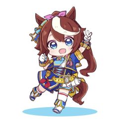 Rule 34 | 1girl, :d, animal ears, arm up, blue eyes, blue jacket, boots, brown hair, colored shadow, commentary request, cropped jacket, full body, gloves, hair ribbon, high ponytail, horse ears, horse girl, horse tail, jacket, knee boots, long hair, looking at viewer, multicolored hair, nozo (hitomiz), open mouth, over-kneehighs, pink ribbon, pleated skirt, ponytail, puffy short sleeves, puffy sleeves, ribbon, shadow, shirt, short sleeves, single over-kneehigh, single thighhigh, skirt, smile, solo, standing, standing on one leg, streaked hair, tail, thighhighs, thighhighs under boots, tokai teio (umamusume), umamusume, very long hair, w, white background, white footwear, white gloves, white hair, white shirt, white skirt, white thighhighs