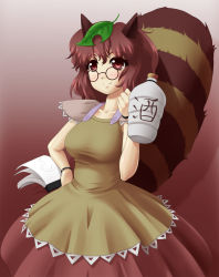 Rule 34 | 1girl, animal ears, blush, breasts, brown dress, brown eyes, brown hair, collarbone, cowboy shot, dress, futatsuiwa mamizou, glasses, gourd, hand on own hip, highres, large breasts, leaf, leaf on head, looking at viewer, mazume, pince-nez, raccoon ears, raccoon tail, short hair, sleeveless, smile, solo, tail, tanuki, touhou, wristband