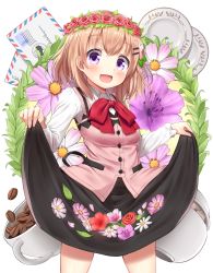 Rule 34 | 1girl, :d, black skirt, blush, brown hair, coffee beans, collared shirt, cowboy shot, cup, flower, gochuumon wa usagi desu ka?, hair ornament, hairclip, head tilt, head wreath, highres, hoto cocoa, leaf, letter, long sleeves, looking at viewer, open mouth, petals, plate, purple eyes, rabbit house uniform, red ribbon, ribbon, shirt, skirt, skirt basket, skirt hold, smile, solo, superpig, superpig (wlstjqdla), teacup, vest, white background, wing collar