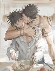Rule 34 | 2boys, absurdres, arm tattoo, black hair, black nails, closed eyes, cooking, couple, facial tattoo, fushiguro megumi, hand under clothes, hand under shirt, height difference, hickey, highres, holding, holding whisk, indoors, jujutsu kaisen, kiss, kissing neck, long sleeves, male focus, mixing bowl, multiple boys, muscular, muscular male, ryoumen sukuna (jujutsu kaisen), shirt, short hair, shoulder tattoo, smile, spiked hair, tattoo, topless male, whisk, white shirt, woshihedawei, yaoi