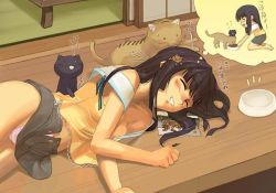 Rule 34 | 1girl, :3, :d, ^^^, ^ ^, areola slip, bare shoulders, barefoot, black cat, black hair, blunt bangs, blush, bowl, box, breasts, cat, cat hair ornament, chibi, chibi inset, clenched hand, closed eyes, clothes lift, cowboy shot, dreaming, drooling, feeding, food, grin, hair ornament, hair spread out, happy, hime cut, kneeling, lace, long hair, lying, medium breasts, midriff, nipple slip, nipples, no bra, o o, off shoulder, on side, open door, open fly, open mouth, original, outstretched arm, panties, pantyshot, pencil skirt, pet food, pink panties, ribbon, saliva, shirt, shouji, skirt, skirt lift, sleeping, sliding doors, smile, solo, spill, striped clothes, striped panties, sweatdrop, tatami, thought bubble, unbuttoned, underwear, unzipped, upskirt, veranda, wooden floor