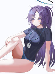 Rule 34 | 1girl, black shirt, blue archive, highres, long hair, looking at viewer, nersiyan, purple eyes, purple hair, shirt, short sleeves, simple background, smile, solo, two side up, yuuka (blue archive), yuuka (track) (blue archive)
