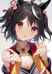 Rule 34 | 1girl, :o, ahoge, animal ears, bare shoulders, black hair, blush, breasts, cleavage, cleavage cutout, clothing cutout, commentary request, hair ribbon, hands up, head tilt, highres, horse ears, kitasan black (umamusume), long sleeves, looking at viewer, medium breasts, multicolored hair, one side up, open mouth, red eyes, red ribbon, ribbon, simple background, solo, streaked hair, two-tone hair, umamusume, upper body, vivi (eve no hakoniwa), white background, white hair