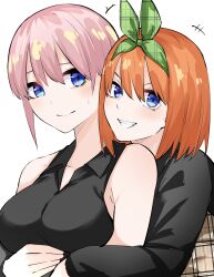 Rule 34 | 2girls, :d, absurdres, arm around waist, bare shoulders, black shirt, blue eyes, breasts, closed mouth, commentary request, eyebrows hidden by hair, go-toubun no hanayome, green ribbon, grin, hair between eyes, hair ribbon, highres, hug, hug from behind, large breasts, long shirt, looking at viewer, mame1645, medium hair, multiple girls, nakano ichika, nakano yotsuba, open mouth, orange hair, pink hair, plaid, plaid ribbon, ribbon, shirt, short hair, siblings, simple background, sisters, sleeveless, sleeveless shirt, smile, straight hair, sweatdrop, teeth, twins, upper body, v-shaped eyebrows, white background