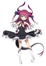 Rule 34 | 10s, 1girl, :d, asymmetrical horns, black dress, blush, boots, circle skirt, commentary request, curled horns, detached sleeves, dragon girl, dragon horns, dragon tail, dress, elizabeth bathory (fate), elizabeth bathory (fate/extra ccc), elizabeth bathory (first ascension) (fate), fate/extra, fate/extra ccc, fate (series), full body, green eyes, hair between eyes, hair ribbon, hand on own hip, heijialan, high heel boots, high heels, horns, knee boots, leaning to the side, long hair, long sleeves, open mouth, purple ribbon, red hair, ribbon, simple background, sleeveless, sleeveless dress, smile, solo, spiked boots, spikes, standing, tail, two side up, uneven horns, very long hair, white background, white footwear