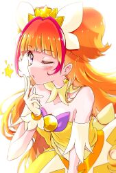 Rule 34 | 1girl, amanogawa kirara, bare shoulders, blush, choker, cowboy shot, cure twinkle, earrings, gloves, go! princess precure, highres, jewelry, long hair, looking at viewer, magical girl, multicolored hair, nita (onakatohoppe), one eye closed, orange hair, precure, purple eyes, quad tails, red hair, smile, solo, star (symbol), star earrings, streaked hair, twintails, two-tone hair, very long hair, white background, white gloves, yellow choker