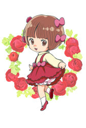 Rule 34 | 1girl, :3, :d, amano sakuya, black jack (series), bloomers, bob cut, bow, bowl cut, brown eyes, brown hair, collar, eyelashes, flower, frilled skirt, frills, from side, full body, hair bow, hair ornament, holding, holding clothes, holding skirt, layered skirt, leaf, leg lift, long sleeves, looking at viewer, looking back, mary janes, multiple hair bows, open mouth, parted bangs, pinoko, red flower, red rose, rose, shirt, shoes, short hair, skirt, smile, socks, solo, standing, standing on one leg, suspender skirt, suspenders, tareme, turtleneck, underwear, white background