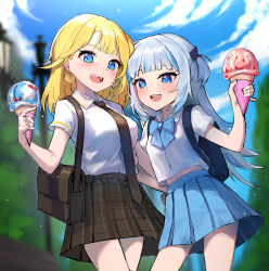 Rule 34 | 2girls, :d, absurdres, backpack, bada (jksh5056), bag, black neckwear, blonde hair, blue bow, blue eyes, blue hair, blue skirt, blue sky, blurry, blurry background, bow, breasts, brown skirt, cloud, collared shirt, commentary, day, depth of field, dress shirt, earrings, food, gawr gura, grey hair, hair ornament, heart, heart earrings, highres, holding, holding food, hololive, hololive english, ice cream, ice cream cone, jewelry, lamppost, long hair, medium breasts, multicolored hair, multiple girls, necktie, open mouth, outdoors, pleated skirt, school uniform, sharp teeth, shirt, skirt, sky, smile, streaked hair, teeth, two side up, very long hair, virtual youtuber, watson amelia, white shirt