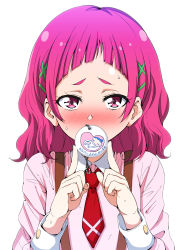 Rule 34 | 10s, 1girl, amagasa ikuta, blush, commentary request, covering own mouth, eyebrows, highres, hugtto! precure, looking at viewer, maternity mark, necktie, nono hana, pink eyes, pink hair, precure, pregnant, red necktie, short hair, simple background, solo, upper body, white background