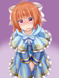 Rule 34 | 1girl, ahoge, between legs, blue bow, blue bowtie, blue capelet, blue dress, blunt bangs, blush, bow, bowtie, buttons, capelet, collarbone, dress, embarrassed, female focus, frilled capelet, frilled dress, frills, glint, gradient background, hair ribbon, halftone, hand between legs, have to pee, highres, indie virtual youtuber, long hair, long sleeves, miso panda, mole, mole under eye, nose blush, open mouth, orange hair, outline, own hands together, purple background, red eyes, ribbon, shindo leo, sidelocks, simple background, solo, standing, striped, striped bow, sweat, tears, two-tone background, v arms, virtual youtuber, wavy mouth, white outline, white ribbon