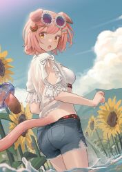 Rule 34 | 1girl, absurdres, animal ears, arknights, ass, breasts, cat ears, cat girl, cat hair ornament, cat tail, chinese commentary, commentary request, denim, denim shorts, eyewear on head, flower, food-themed hair ornament, from behind, goldenglow (arknights), goldenglow (summer flowers) (arknights), hair ornament, hairclip, highres, medium breasts, official alternate costume, open mouth, pink hair, round eyewear, shirt, short hair, short shorts, shorts, solo, sunflower, sunglasses, tail, watermelon hair ornament, welt (kinsei koutenkyoku), white shirt, yellow eyes