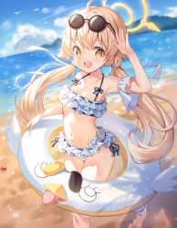 Rule 34 | 1girl, :d, absurdres, ahoge, beach, bikini, blonde hair, blue archive, blush, dutch angle, eyebrows, eyewear on head, foot out of frame, frilled bikini, frills, hair between eyes, hair ribbon, hanen (borry), hifumi (blue archive), hifumi (swimsuit) (blue archive), highres, innertube, light brown hair, long hair, looking at viewer, low twintails, navel, ocean, open mouth, ribbon, sand, smile, solo, standing, standing on one leg, stomach, sunglasses, swim ring, swimsuit, teeth, twintails, upper teeth only, very long hair, water, white bikini, yellow eyes