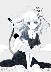 Rule 34 | 1girl, absurdres, ahoge, arms between legs, black dress, black eyes, black ribbon, cat tail, closed mouth, collared shirt, dot nose, drawn tail, dress, floating hair, frilled dress, frills, grey background, hair ribbon, highres, legs apart, long hair, looking at viewer, original, oseto (oxxsexxto), ribbon, shirt, short dress, short sleeves, simple background, sitting, smile, solo, tail, white hair, white shirt