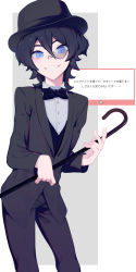 Rule 34 | 1boy, absurdres, alternate costume, black bow, black bowtie, black hair, black hat, black jacket, black pants, black suit, blue eyes, border, bow, bowtie, cane, collared shirt, commentary request, cowboy shot, dress shirt, formal, grey background, grin, hair between eyes, hat, highres, holding, holding cane, indie virtual youtuber, jacket, kushizaki (vtuber), long sleeves, looking at viewer, male focus, monocle, pants, shirt, short hair, smile, solo, st (youx1119), standing, suit, teeth, top hat, tuxedo, virtual youtuber, white border, white shirt