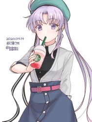 Rule 34 | 1girl, akitsushima (kancolle), belt, beret, black shirt, blazer, bobokuboboku, character name, commentary request, contrapposto, cowboy shot, dated, drinking straw, green hat, grey skirt, hat, jacket, kantai collection, long hair, looking at viewer, official alternate costume, one-hour drawing challenge, pink belt, purple eyes, purple hair, shirt, simple background, skirt, solo, starbucks, twitter username, white background, white jacket