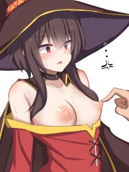 Rule 34 | ..., 1girl, @ @, absurdres, anger vein, annoyed, bare shoulders, belt, belt collar, blush, breasts, breasts apart, brown belt, brown cape, brown hair, brown hat, cape, clothes pull, collar, collarbone, collared cape, commentary request, dress, dress pull, hat, highres, kono subarashii sekai ni shukufuku wo!, makochan42, megumin, nipple stimulation, nipples, off-shoulder dress, off shoulder, open mouth, out of frame, red dress, red eyes, short hair with long locks, simple background, small breasts, solo, spoken anger vein, sweat, upper body, white background, witch hat