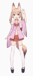 Rule 34 | 1girl, :d, animal ear fluff, animal ears, arm at side, arm up, bare shoulders, bell, black footwear, blonde hair, blue eyes, bow, detached sleeves, fang, fox ears, fox tail, full body, geta, hair ornament, hairclip, hand up, highres, jingle bell, kemomimi oukoku kokuei housou, legs apart, long hair, long sleeves, looking at viewer, mikoko (kemomimi oukoku kokuei housou), miniskirt, navel, open mouth, pigeon-toed, platform clogs, red bow, red skirt, ribbon-trimmed legwear, ribbon trim, shone, simple background, skirt, smile, solo, standing, tail, tareme, thighhighs, twintails, virtual youtuber, white background, white thighhighs, wide sleeves, zettai ryouiki