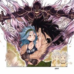 Rule 34 | 2girls, 3boys, black gloves, black hair, blue hair, blush, breasts, bruise, cleavage, crop top, crying, crying with eyes open, closed eyes, fairy tail, fingerless gloves, gajeel redfox, gloves, headband, holding hands, hug, hug from behind, injury, levy mcgarden, long hair, medium breasts, miniskirt, multiple boys, multiple girls, outstretched arm, outstretched arms, pantherlily, pleated skirt, rusky, shirt, short sleeves, simple background, skirt, sleeveless, sleeveless shirt, standing, tattoo, tears, very long hair, yellow shirt