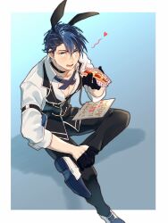 Rule 34 | 1boy, animal ears, blue background, blue eyes, blue hair, border, choker, commission, eiyuu densetsu, fake animal ears, food, gradient background, hair between eyes, hair slicked back, heart, highres, holding, holding food, ice cream crepe, kai no kiseki, kuro no kiseki (series), loafers, looking at viewer, male focus, male playboy bunny, mikamikiseki, multicolored hair, parted bangs, rabbit ears, shadow, shoes, short hair, simple background, sitting, solo, two-tone hair, van arkride, white border