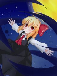 Rule 34 | 1girl, absurdres, ahoge, ascot, blonde hair, blouse, darkness, full moon, hair ribbon, highres, maguro-dama, moon, night, outstretched arms, red eyes, ribbon, rumia, shirt, short hair, sky, smile, spread arms, star (sky), starry sky, touhou, vest