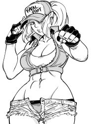 Rule 34 | 1girl, abs, bad id, bb (baalbuddy), breasts, cleavage, collared jacket, cowboy shot, female focus, gender request, genderswap, gloves, greyscale, highres, inactive account, jacket, large breasts, midriff, monochrome, muscular, muscular female, navel, one eye covered, open fly, panties, ponytail, short shorts, shorts, simple background, snk, solo, standing, terry bogard, the king of fighters, underwear, white background