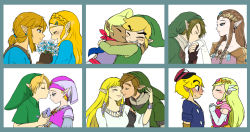 Rule 34 | 6+boys, 6+girls, bandana, blonde hair, blue eyes, blunt bangs, blush, braid, closed eyes, crying, flower, full-face blush, grin, hat, highres, hood, hug, instrument, interlocked fingers, jewelry, kiss, kissing forehead, kissing hand, link, long hair, multiple boys, multiple girls, multiple persona, necklace, nintendo, noses touching, ocarina, open mouth, own hands clasped, own hands together, pointy ears, princess zelda, profile, shirt, short hair, sidelocks, silent princess, smile, sweatdrop, tears, tetra, the legend of zelda, the legend of zelda: breath of the wild, the legend of zelda: ocarina of time, the legend of zelda: skyward sword, the legend of zelda: spirit tracks, the legend of zelda: the wind waker, the legend of zelda: twilight princess, thick eyebrows, tiara, toon link, toon zelda, usushira, waiting for kiss, young link, young zelda