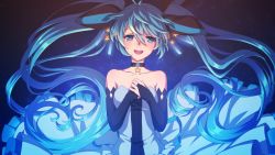 Rule 34 | 1girl, :d, black sleeves, blue background, blue dress, blue eyes, blue hair, bridal gauntlets, collar, collarbone, detached sleeves, dress, floating hair, frilled dress, frills, hair between eyes, hair ornament, hatsune miku, highres, long dress, long hair, long sleeves, looking at viewer, matsuda toki, open mouth, own hands together, sleeveless, sleeveless dress, smile, solo, star (symbol), star hair ornament, strapless, strapless dress, upper body, very long hair, vocaloid