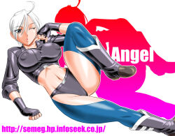 Rule 34 | 1girl, angel (kof), antenna hair, bad source, boots, breasts, chaps, cleavage, covered erect nipples, crop top, cropped jacket, english text, fingerless gloves, gloves, grey eyes, hair over one eye, hand on floor, hand on own face, jacket, large breasts, leather, leather jacket, leg lift, looking at viewer, lying, midriff, mokkouyou bond, navel, on side, one eye closed, panties, shiny skin, short hair, silhouette, smile, snk, solo, the king of fighters, underwear, white hair