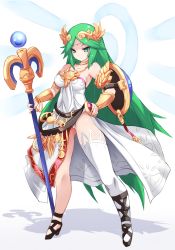 Rule 34 | 1girl, asymmetrical legwear, bangle, bare shoulders, black footwear, bracelet, breasts, buckler, closed mouth, commentary request, dress, fingernails, full body, green eyes, green hair, hand on own hip, headpiece, high heels, highres, holding, holding staff, jewelry, karukan (monjya), kid icarus, kid icarus uprising, legs, long hair, looking at viewer, medium breasts, neck ring, nintendo, palutena, parted bangs, shadow, shield, shoes, single thighhigh, solo, staff, standing, strapless, strapless dress, thighhighs, thighs, uneven legwear, v-shaped eyebrows, very long hair, white background, white dress, white thighhighs