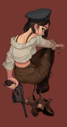 Rule 34 | 1girl, absurdres, beret, body freckles, bolt action, bound ankles, bra strap, brown hair, brown legwear, brown skirt, bullet, commentary request, cropped shirt, freckles, from behind, full body, german commentary, green eyes, gun, handgun, hat, highres, holding, holding gun, holding weapon, legs together, looking at viewer, looking back, mauser c96, military, mixed-language commentary, original, panties, pantyshot, pencil skirt, pistol, red background, rifleman1130, see-through, see-through shirt, shoes, unworn shoes, skirt, solo, toes, torn clothes, torn legwear, underwear, weapon, world war ii