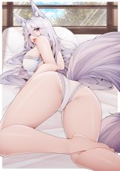 Rule 34 | 1girl, absurdres, animal ear fluff, animal ears, ass, azur lane, bed, breasts, fox ears, fox girl, fox tail, highres, kitsune, large breasts, large tail, lying, on stomach, panties, pillow, samip, shinano (azur lane), sideboob, solo, tail, thighs, tongue, tongue out, underwear, white panties, white tail