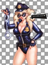 Rule 34 | 1girl, belt, belt buckle, black belt, blonde hair, blue eyes, blue gloves, blue hat, blue leotard, breasts, buckle, cowboy shot, cuffs, english text, fingerless gloves, gloves, handcuffs, hat, highres, holding, holding handcuffs, l0ngsword, large breasts, leotard, long hair, long sleeves, nail polish, peaked cap, persona, persona 5, police, police badge, police uniform, policewoman, red nails, solo, speech bubble, standing, sunglasses, takamaki anne, twintails, uniform