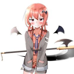 Rule 34 | &gt;:), 10s, 1girl, bad id, bad twitter id, bat hair ornament, belt, blush, buttons, collar, collarbone, collared shirt, commentary request, cowboy shot, demon wings, dot nose, flag print, gabriel dropout, grey jacket, grey shorts, hair ornament, hair rings, hands in pockets, holding, holding weapon, jacket, jitome, long hair, long sleeves, looking at viewer, multicolored clothes, multicolored shorts, natsuyoshi (natsun), necktie, plaid, pocket, print necktie, purple eyes, red hair, red shirt, red shorts, sanpaku, satanichia kurumizawa mcdowell, scythe, shiny clothes, shiny skin, shirt, shorts, simple background, smile, solo, thigh gap, union jack, v-shaped eyebrows, weapon, white background, wings