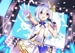 Rule 34 | 1girl, amane kanata, angel, angel wings, asymmetrical bangs, belt, blue bow, blue bowtie, blue hair, blue skirt, blue wings, bob cut, bow, bow skirt, bowtie, colored inner hair, feathered wings, feathers, finger counting, fragir, gloves, gradient wings, grey hair, hair over one eye, halo, hand up, hololive, hololive idol uniform, idol, layered skirt, mini wings, miniskirt, multicolored hair, multicolored wings, official alternate costume, open mouth, purple eyes, short hair, single hair intake, skirt, skirt set, sleeveless, solo, stage, star halo, streaked hair, sweat, vest, virtual youtuber, white bow, white gloves, white skirt, white vest, white wings, wings, wrist cuffs