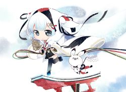 Rule 34 | 1girl, blue eyes, chibi, fortissimo, hair ornament, hatsune miku, japanese clothes, kimono, long hair, looking at viewer, mao yu, musical note, musical note hair ornament, rabbit, snow rabbit, snowflakes, solo, striped clothes, striped thighhighs, thighhighs, torii, twintails, uchikake, vertical-striped clothes, vertical-striped thighhighs, vocaloid, wide sleeves, yuki miku