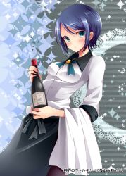 Rule 34 | 1girl, blue hair, blush, bottle, company name, green eyes, holding, holding bottle, long sleeves, looking at viewer, picpicgram, shinkai no valkyrie, short hair, solo, wine bottle