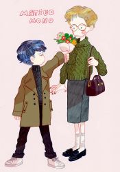 Rule 34 | 1boy, 1girl, 3:, aqua eyes, arm at side, arm up, bag, bags under eyes, black footwear, black sweater, blonde hair, blue hair, blush stickers, bouquet, breast pocket, brown coat, closed mouth, coat, commentary, cross-laced footwear, dark blue hair, english commentary, eye contact, fingernails, flower, from side, full body, glasses, green nails, green sweater, hand up, height difference, hetero, holding, holding bouquet, jitome, legs apart, legs together, loafers, long sleeves, looking at another, looking to the side, matsuo mono, mixed media, nail polish, no nose, open clothes, open coat, original, pants, pink background, pocket, profile, red flower, ribbed sweater, sanpaku, shoes, short hair, shoulder bag, signature, simple background, skirt, sneakers, socks, standing, sweater, turtleneck, turtleneck sweater, undercut, very short hair, wavy mouth, white footwear, white legwear, wrist extended