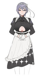 Rule 34 | 1girl, absurdres, apron, azur lane, bellona (armed to clean) (azur lane), bellona (azur lane), breasts, closed mouth, clothing cutout, cropped legs, gloves, highres, large breasts, long sleeves, looking at viewer, maid, maid headdress, noir (4chan), official alternate costume, purple eyes, purple hair, short hair, simple background, smile, solo, underboob, underboob cutout, waist apron, white apron, white background, white gloves