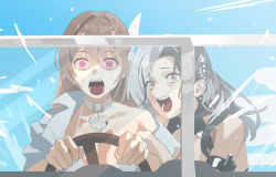 Rule 34 | 2girls, bikini, black bikini, black hair, blue sky, breasts, brown hair, car crash, choker, clinging, collarbone, commentary, driving, goddess of victory: nikke, hair ornament, heart, heart choker, highres, kobeni&#039;s car (chainsaw man), light brown hair, long hair, looking at viewer, medium breasts, meme, multicolored hair, multiple girls, nervous sweating, open mouth, outdoors, pale color, pink eyes, power crashes kobeni&#039;s car (meme), red eyes, rosanna (chic ocean) (nikke), rosanna (nikke), sakura (bloom in summer) (nikke), sakura (nikke), screaming, shirt, single off shoulder, sky, split-color hair, steering wheel, string bikini, sweat, swimsuit, tongue, upper body, wge, white bikini, white choker, white hair, white shirt, wide-eyed